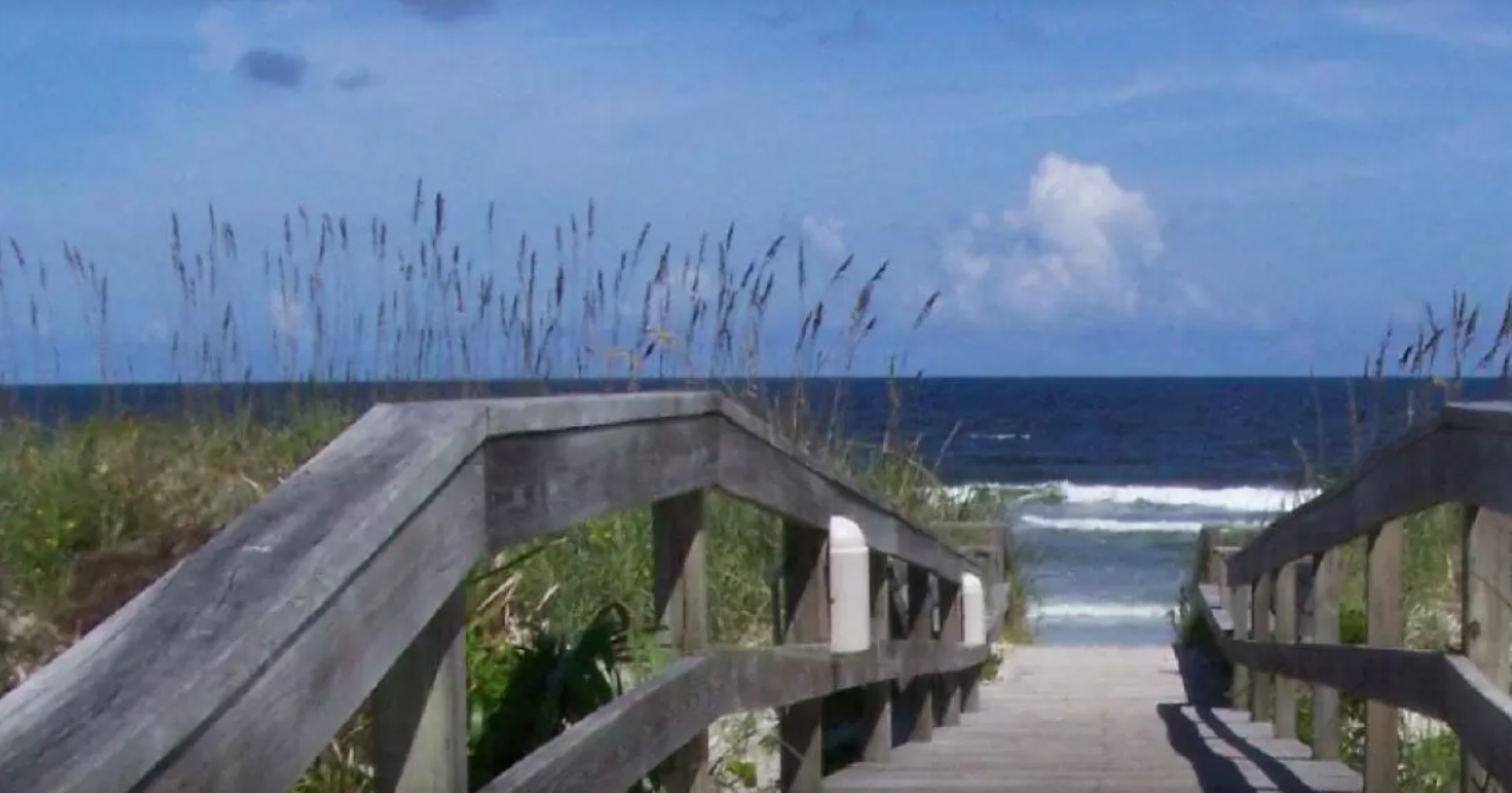 A wooden bridge leads to a sandy shore.