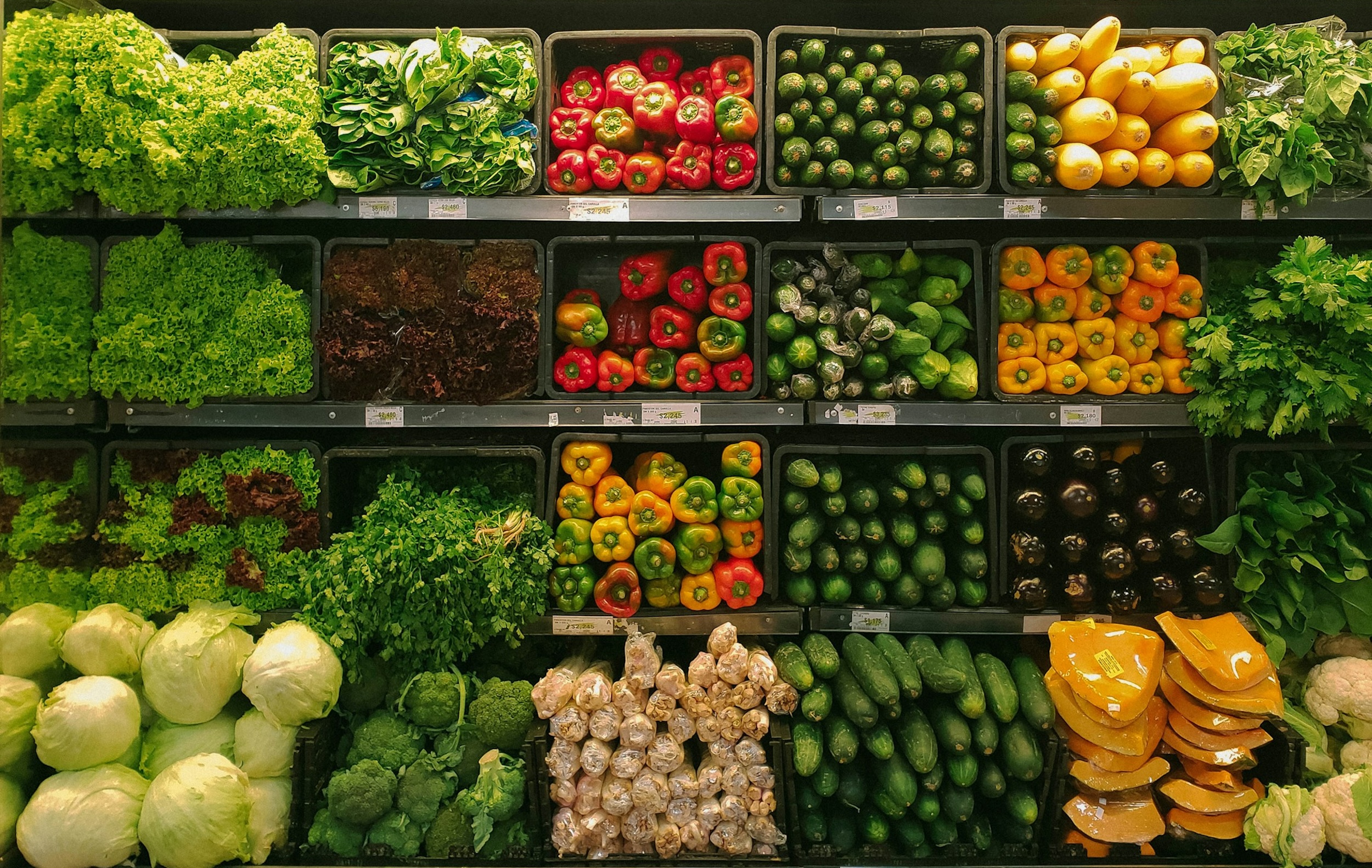 Fresh vegetables are placed on display for customers to purchase.