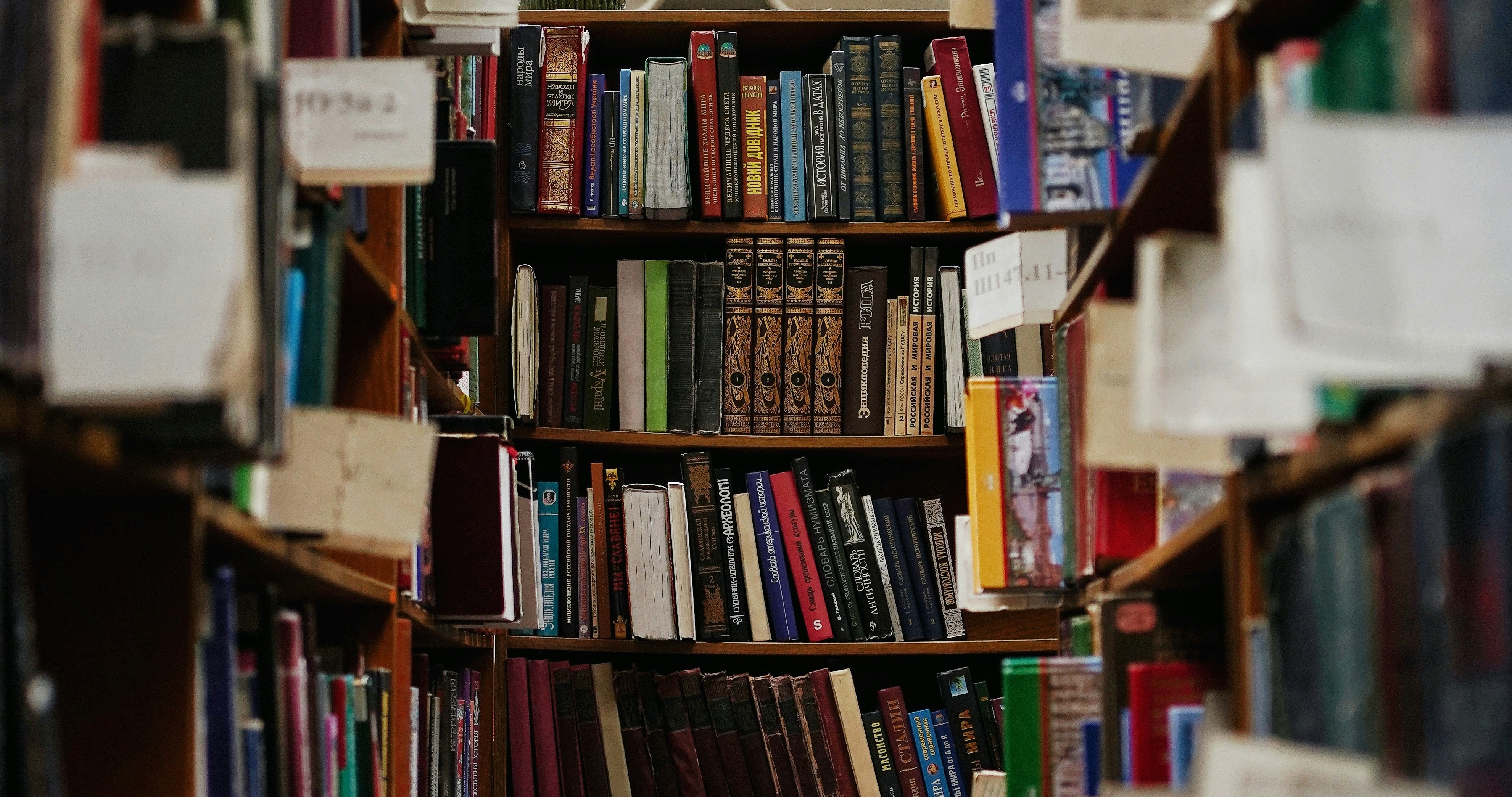 Colorful books are positioned on library shelves.