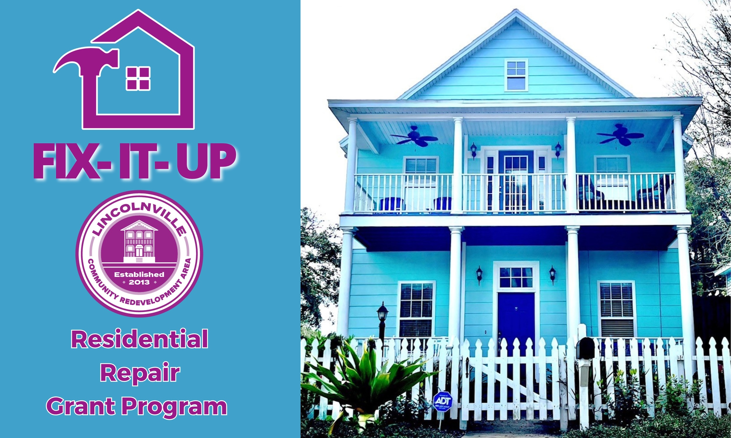 A charming blue house with a white picket fence stands vacant beneath a cloudy sky.